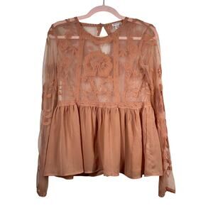 XHILARATION Peach Boho Floral Lace Sheer Long Sleeve Blouse XS
